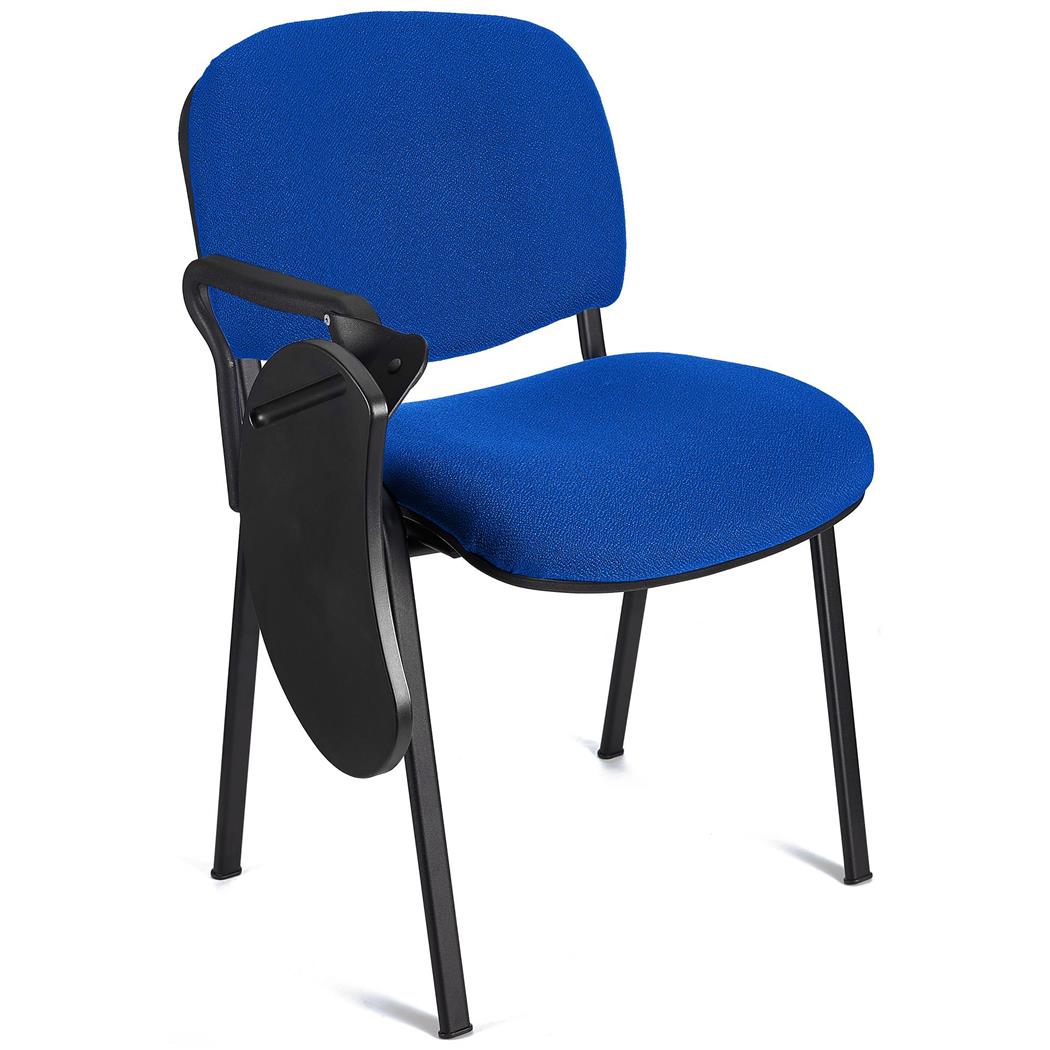 Konferenzstuhl MOBY BASE STOFF mit klappbarem Schreibbrett, stapelbar und praktisch, schwarzes Gestell, Farbe Blau