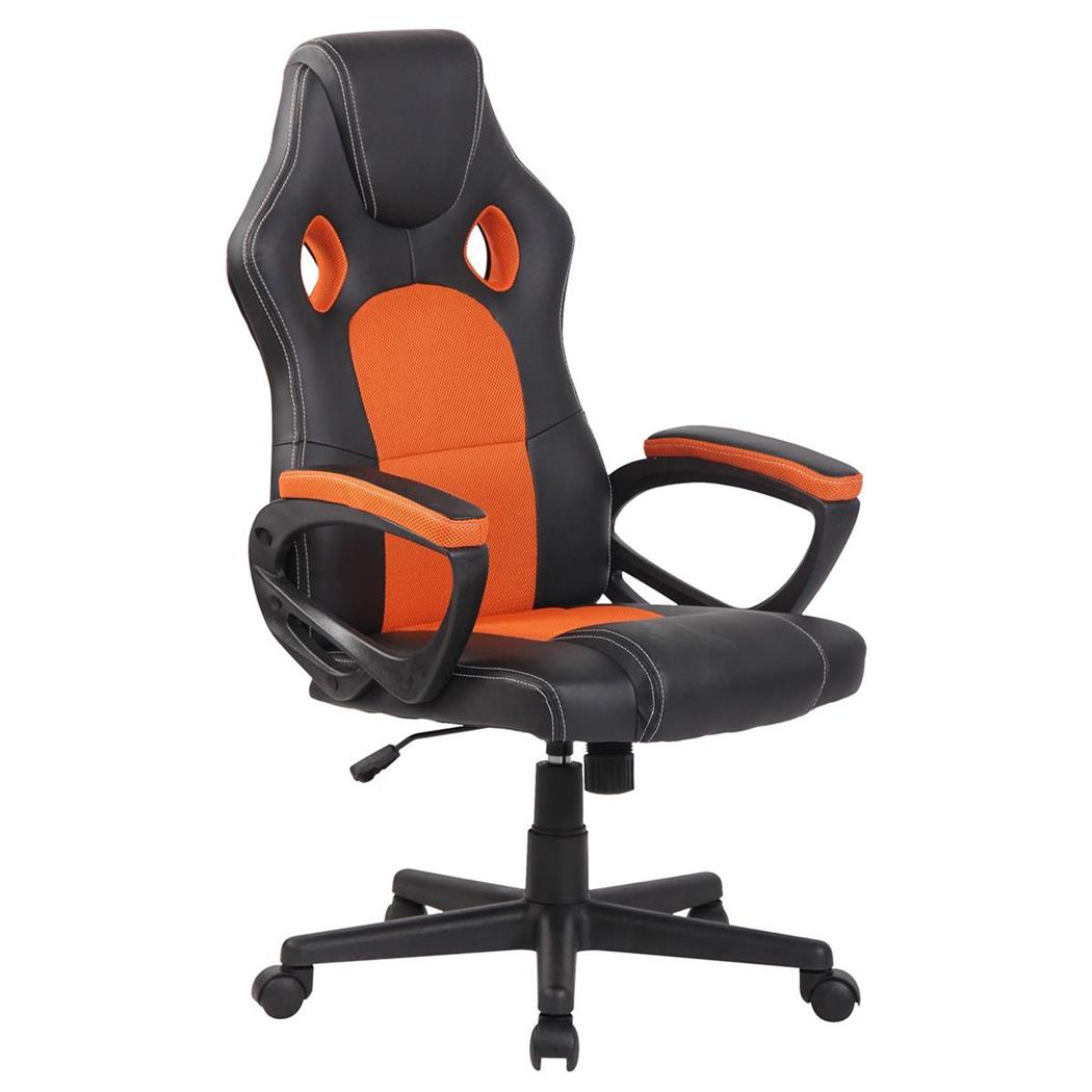 Gamingstuhl MONTMELO, spektakuläres sportliches Design, Leder- und Stoffbezug, Farbe Schwarz / Orange