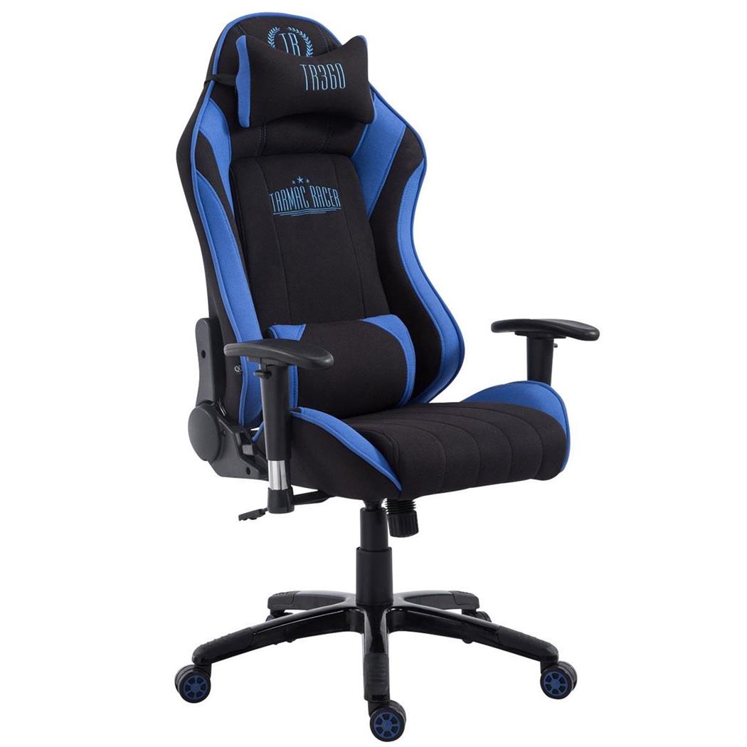 Gaming-Stuhl TURBO STOFF, neigbare Rückenlehne, Nacken- und Lordosekissen, Farbe Schwarz / Blau