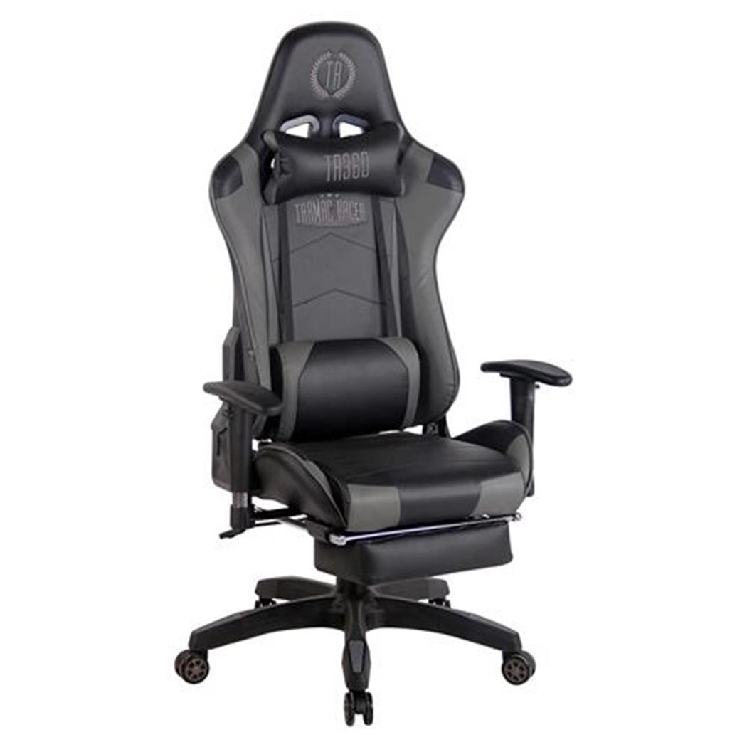 Gaming-Stuhl TURBO LEDER mit Fußablage, neigbare Rückenlehne, Nacken- und Lordosekissen, Farbe Schwarz / Grau