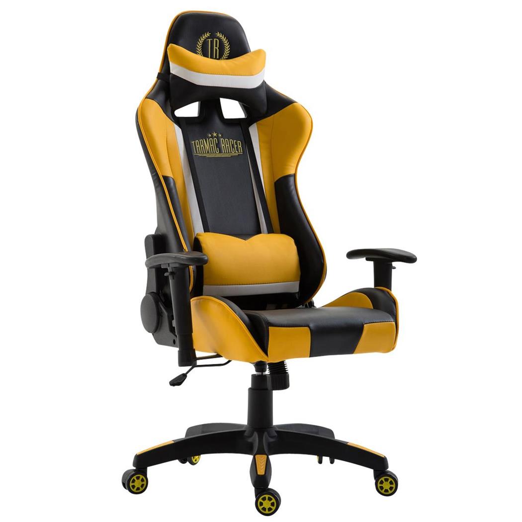Gaming-Stuhl JEMEX, neigbare Rückenlehne, inkl. Kissen, Lederbezug, Farbe Schwarz/Gelb