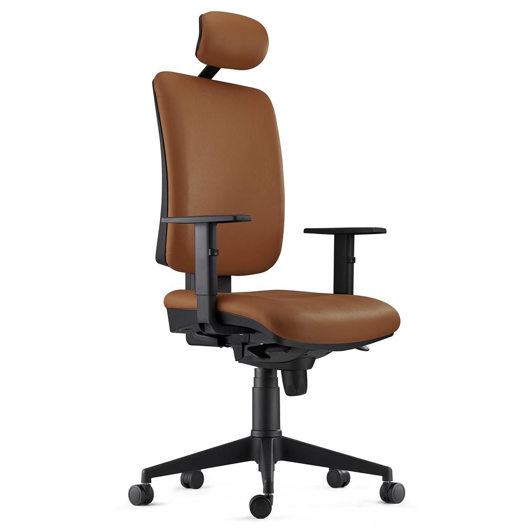Ergonomischer Bürostuhl PIERO, mit verstellbaren Armlehnen und Kopfstütze, Naturleder Bezug, Farbe Braun