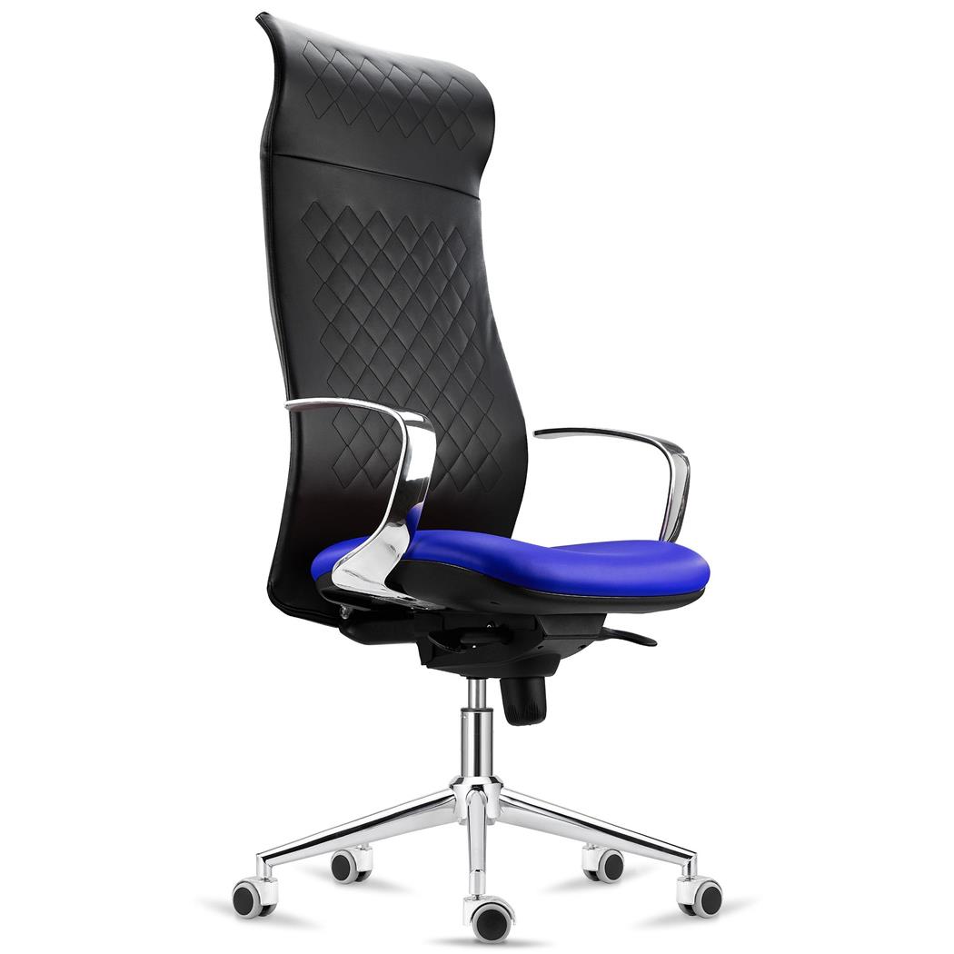 Ergonomischer Stuhl YEDA, hohe Rückenlehne, modernes Design, 8h-Nutzung, Kunstlederbezug, Farbe Schwarz/Blau