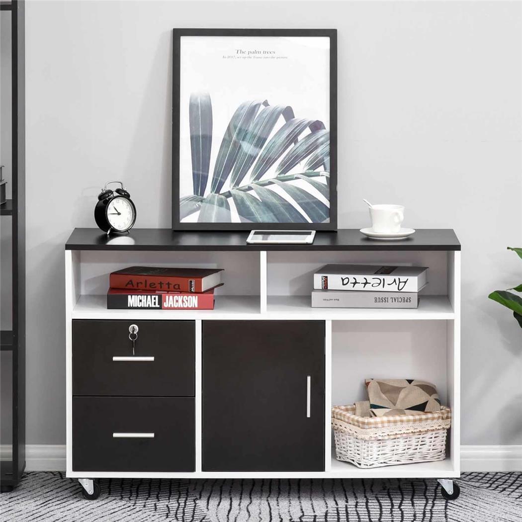 Aktenschrank GANDIA, Büroschrank mit Rollen, Abschließbar, 100x35x66 cm, Holz, Farbe schwarz und weiß