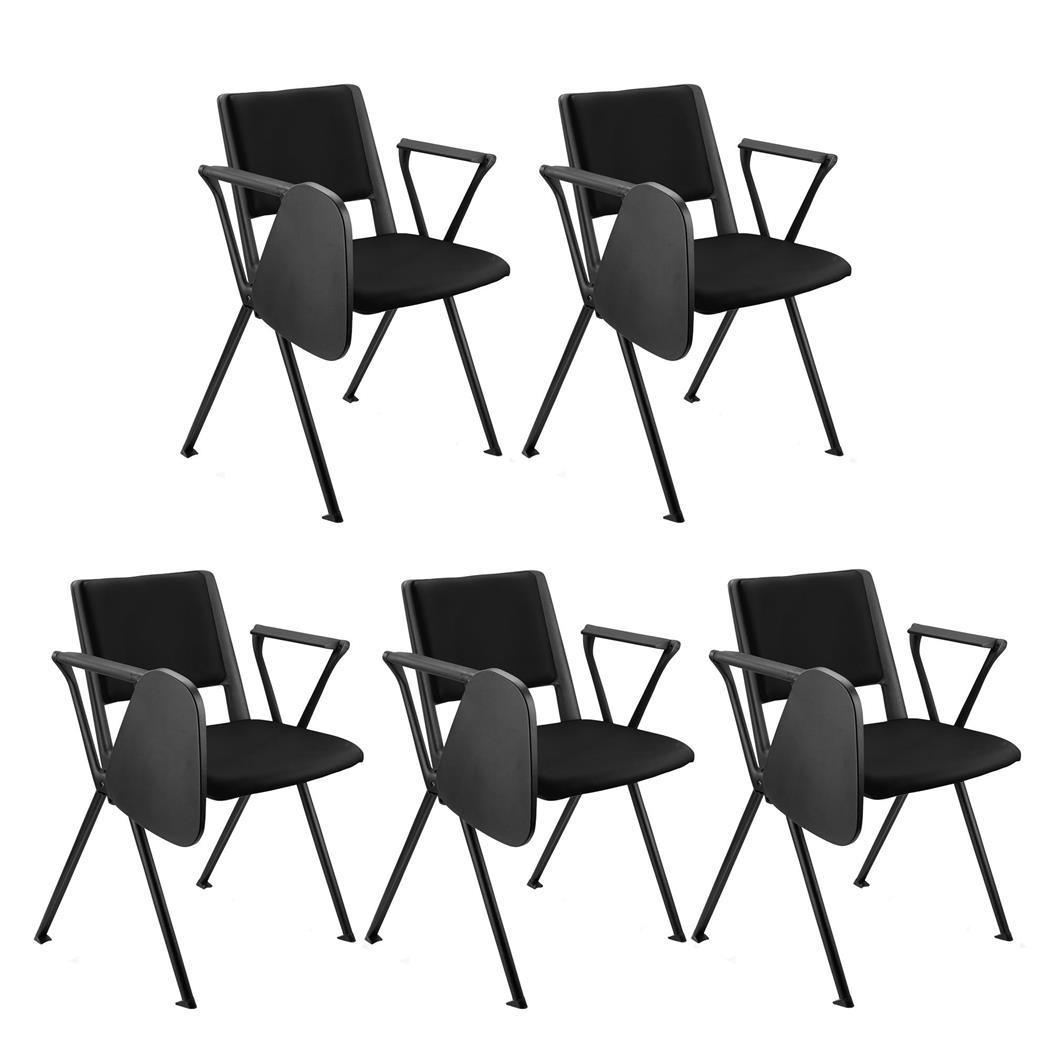 Im 5er-Set: Konferenzstuhl CARINA MIT SCHREIBBRETT, stapel- und reihenverbindbar, schwarzes Stahlgestell, Kunstleder, Farbe Schwarz