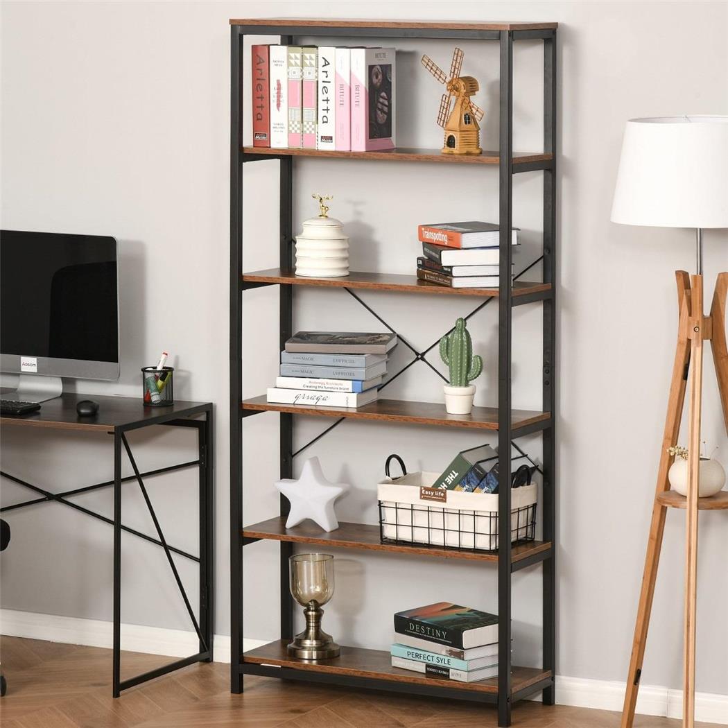 Bücherregal PARMA, Industrieller Stil 80x30x180 cm, schwarzes Metallgestell und Holz, Farbe Eiche