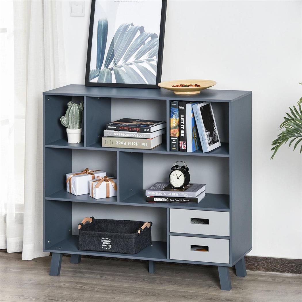Büroschrank ORLANDO, offene Regalböden und Schubladen, 96x105x30 cm, Holz, Farbe Blau/ Grau