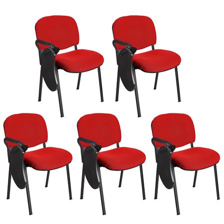 Im 5er-Set: Konferenzstuhl MOBY BASE STOFF mit klappbarem Schreibbrett, stapelbar und praktisch, schwarzes Gestell, Farbe Rot