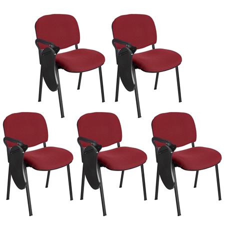 Im 5er-Set: Konferenzstuhl MOBY BASE STOFF mit klappbarem Schreibbrett, stapelbar und praktisch, schwarzes Gestell, Farbe Burgund