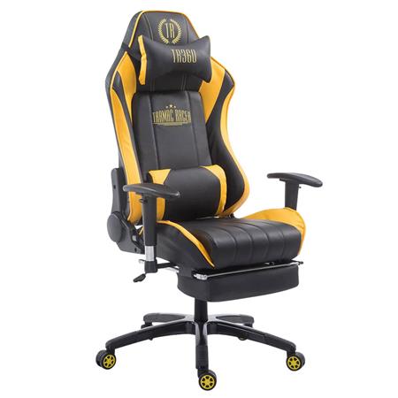 Gaming-Stuhl TURBO LEDER mit Fußablage, neigbare Rückenlehne, Nacken- und Lordosekissen, Farbe Schwarz / Gelb