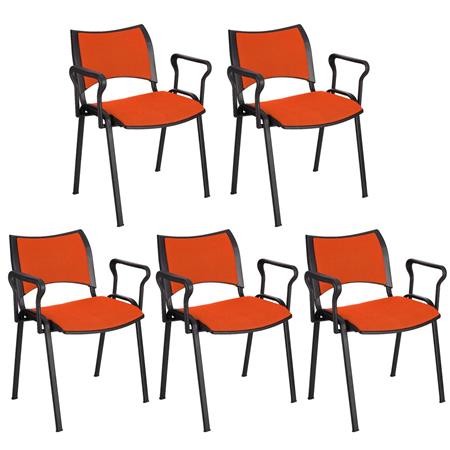 Im 5er-Set: Besucherstuhl ROMEL MIT ARMLEHNEN, bequeme Polsterung, stapelbar, schwarze Stuhlbeine, Farbe Orange