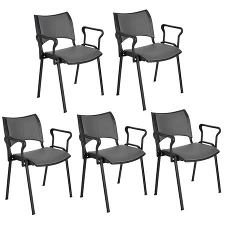 Im 5er-Set: Besucherstuhl ROMEL LEDER MIT ARMLEHNEN, dicke Polsterung, stapelbar, schwarze Stuhlbeine, Farbe Grau