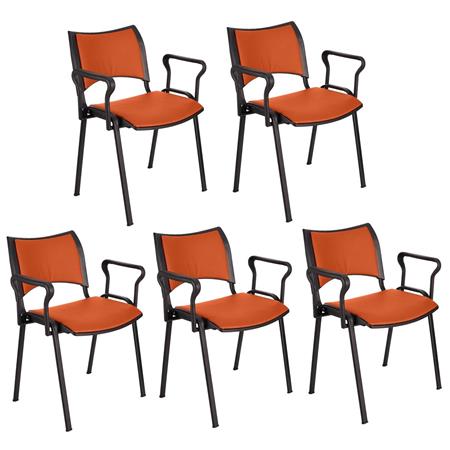 Im 5er-Set: Besucherstuhl ROMEL LEDER MIT ARMLEHNEN, dicke Polsterung, stapelbar, schwarze Stuhlbeine, Farbe Orange
