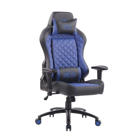 Gaming-Stuhl MAXIM, verstellbare Rückenlehne, Nacken- und Lordosekissen, Lederbezug, Farbe Schwarz / Blau