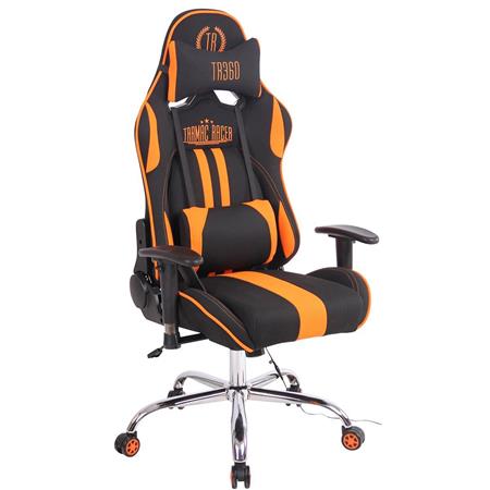 Gaming-Stuhl INDY STOFF, verstellbare Rückenlehne, Wärme- und Massagefunktion, Farbe Schwarz/Orange