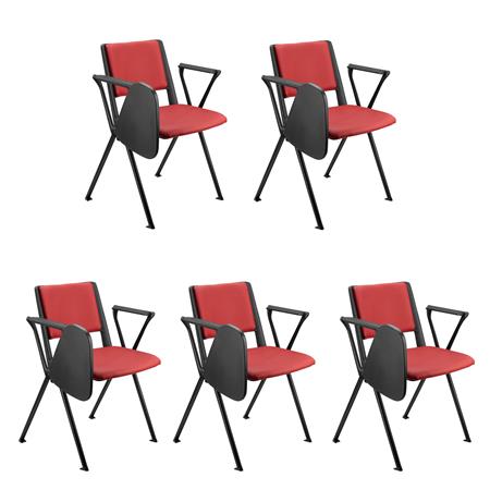 Im 5er-Set: Konferenzstuhl CARINA MIT SCHREIBBRETT, stapel- und reihenverbindbar, schwarzes Stahlgestell, Kunstleder, Farbe Rot