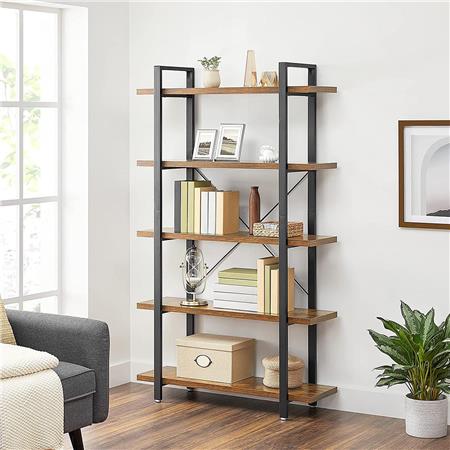 Bücherregal VALDERA, Abmessungen 105x177x33,5 cm, eleganter Industrie-Stil, Metall mit Holz, Farbe Schwarz/ Rustik