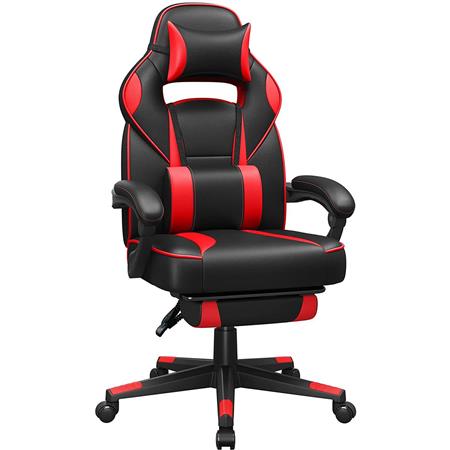 Gaming-Stuhl ROBIN, mit ausziehbarer Fußstütze, Nacken- und Lordosenkissen, Kunstleder, Farbe Schwarz/ Rot