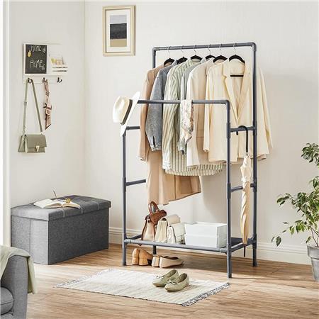Kleiderständer OWAIN, 2 Kleiderstangen, Ablageboden, Metall, Farbe Grau