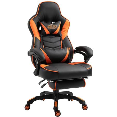 Gaming-Stuhl SENNA, sehr bequem, Fuß- und Lordosenstütze, Kunstleder, Farbe Schwarz / Orange