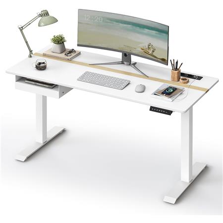 Höhenverstellbarer Schreibtisch EVEREST, 140x60 cm, Schublade, Metallgestell, Weiß