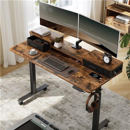 Schreibtisch NEPAL, 140x60x72-120 cm, höhenverstellbar, mit Monitorständer, Farbe Schwarz/ Rustik